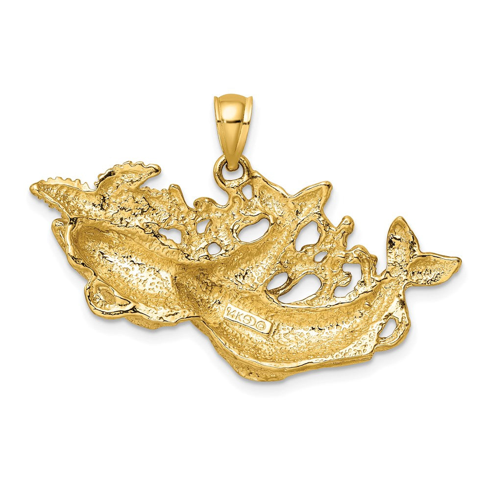 14K Polished and Textured Dolphins Swimming w/Starfish Pendant