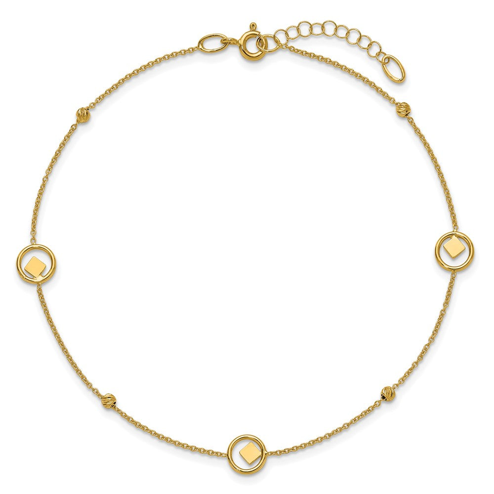 14K Polish/Dia-cut Geometric Bead 9in Plus 1in ext. Anklet