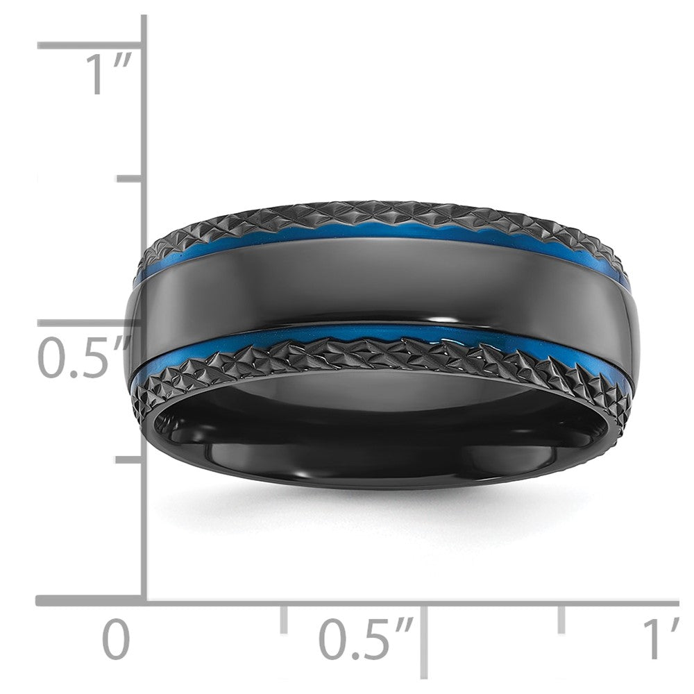 Chisel Black Zirconium Polished Blue IP-plated with Textured Edge 8mm Band Size - 10.5