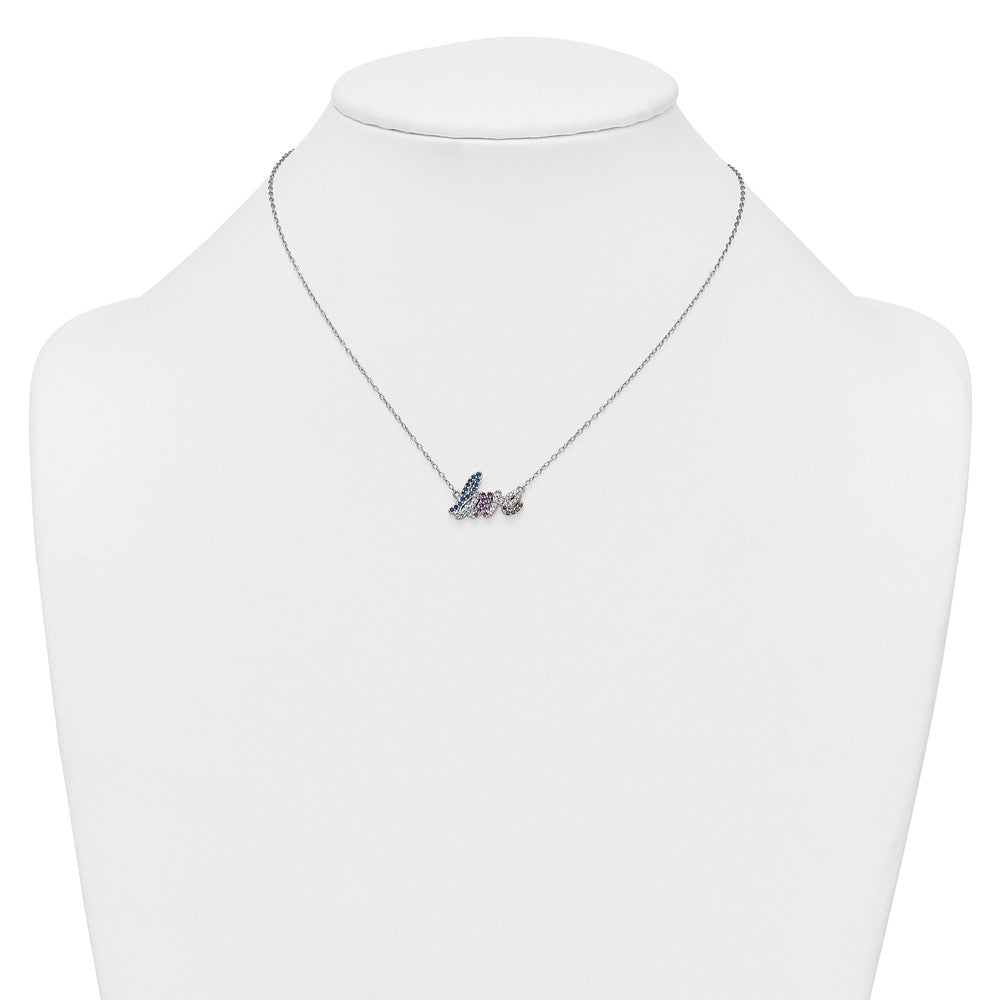 SS RH-pltd Polished Multicolor CZ LOVE 16in w/2in Ext Necklace 16 Inches