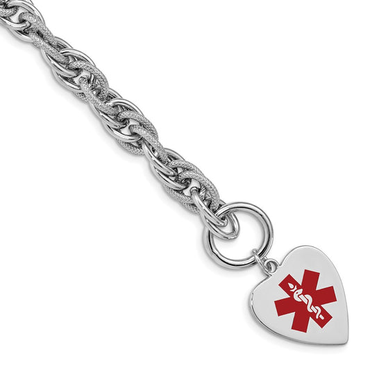 Sterling Silver Rhodium Engraveable Enamel Heart Medical ID Bracelet 8.75 inches