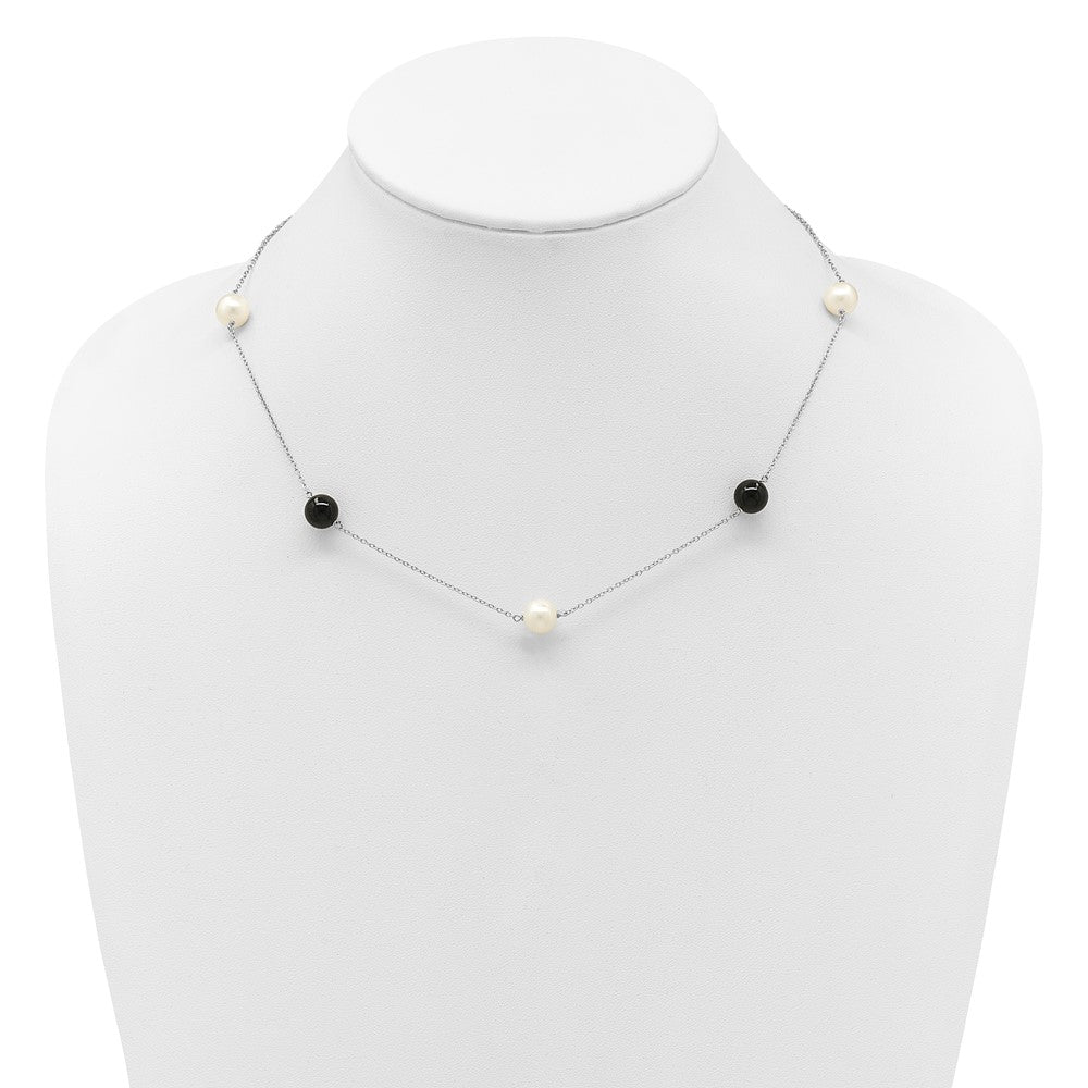 Sterling Silver Rhodium-plated 8-9mm Round White Freshwater Cultured Pearl and Onyx 7-Station 18 inch Necklace