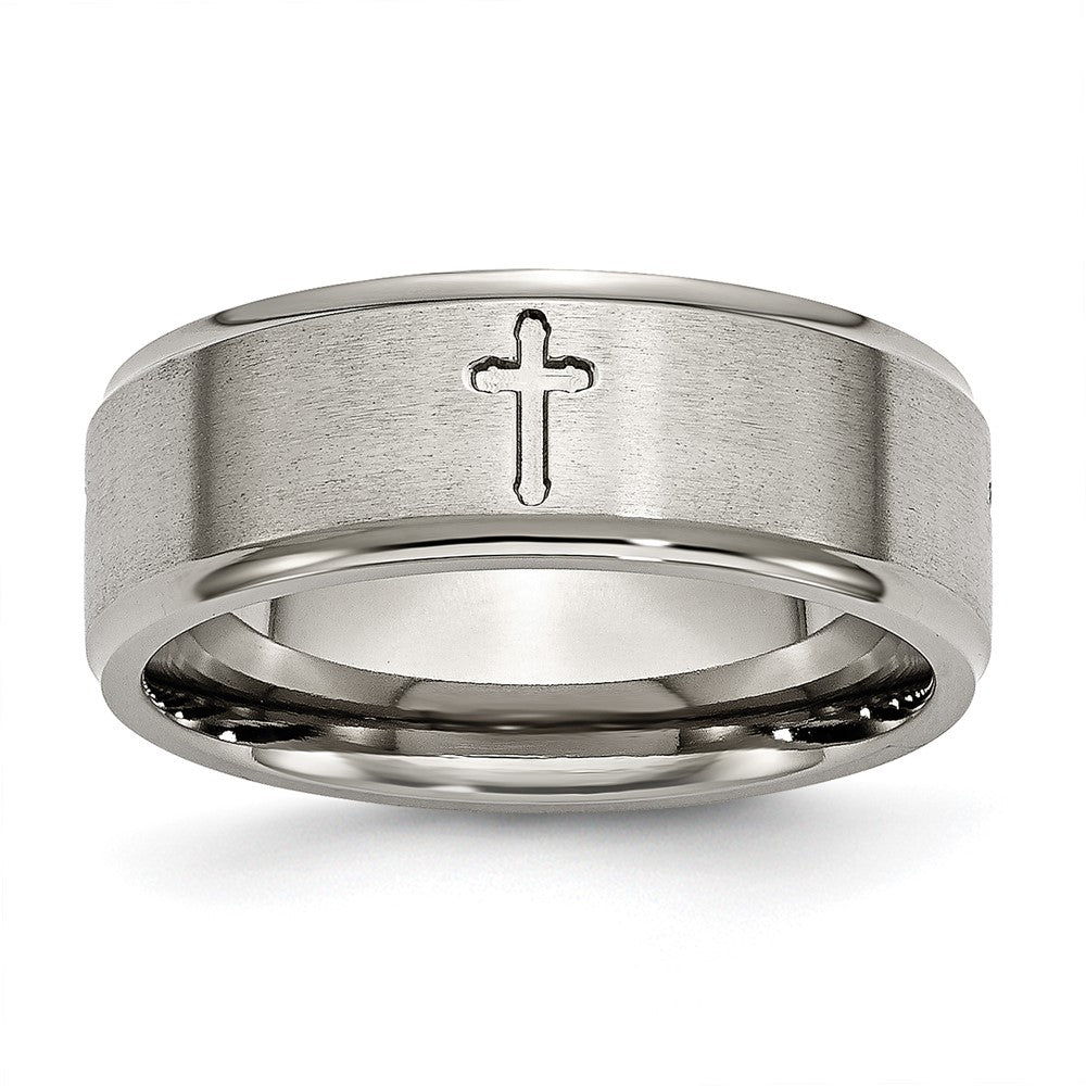 Titanium Brushed Center Cross 8mm Ridged Edge Band Size - 8.5