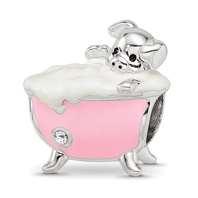 Finest Gold Sterling Silver Reflections Rhodium-Plated Pink Enamel & CZ Pig in Bathtub Bead