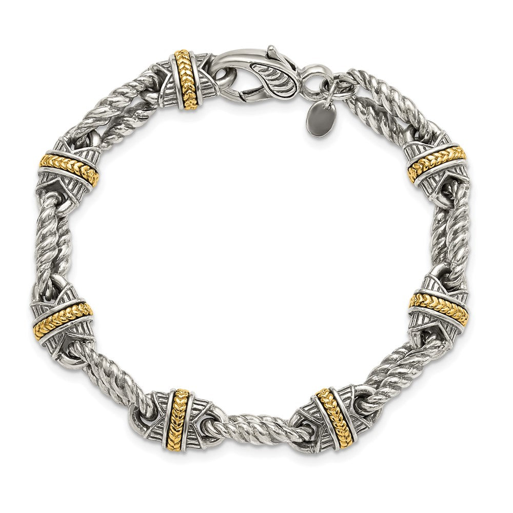 Sterling Silver w/14ky Accent Polished & Antiqued Link Bracelet