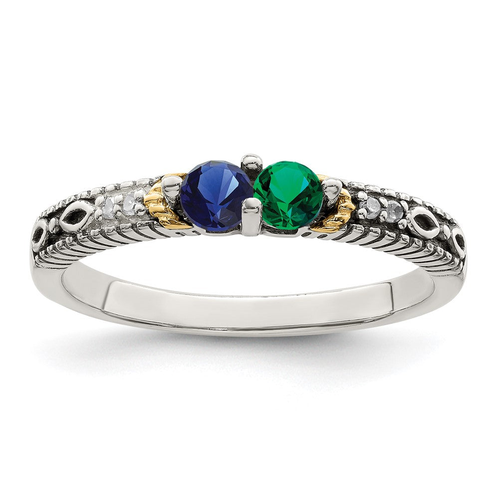 Sterling Silver Antiqued w/14k 2-stone w/Diamond Mother's Ring Semi-Mount