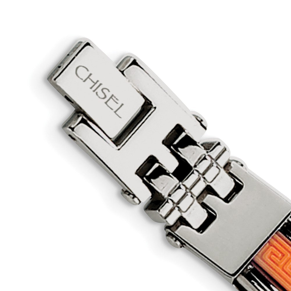 Stainless Steel 9in Polished with Orange Rubber Inlay Greek Key Bracelet 9 inches