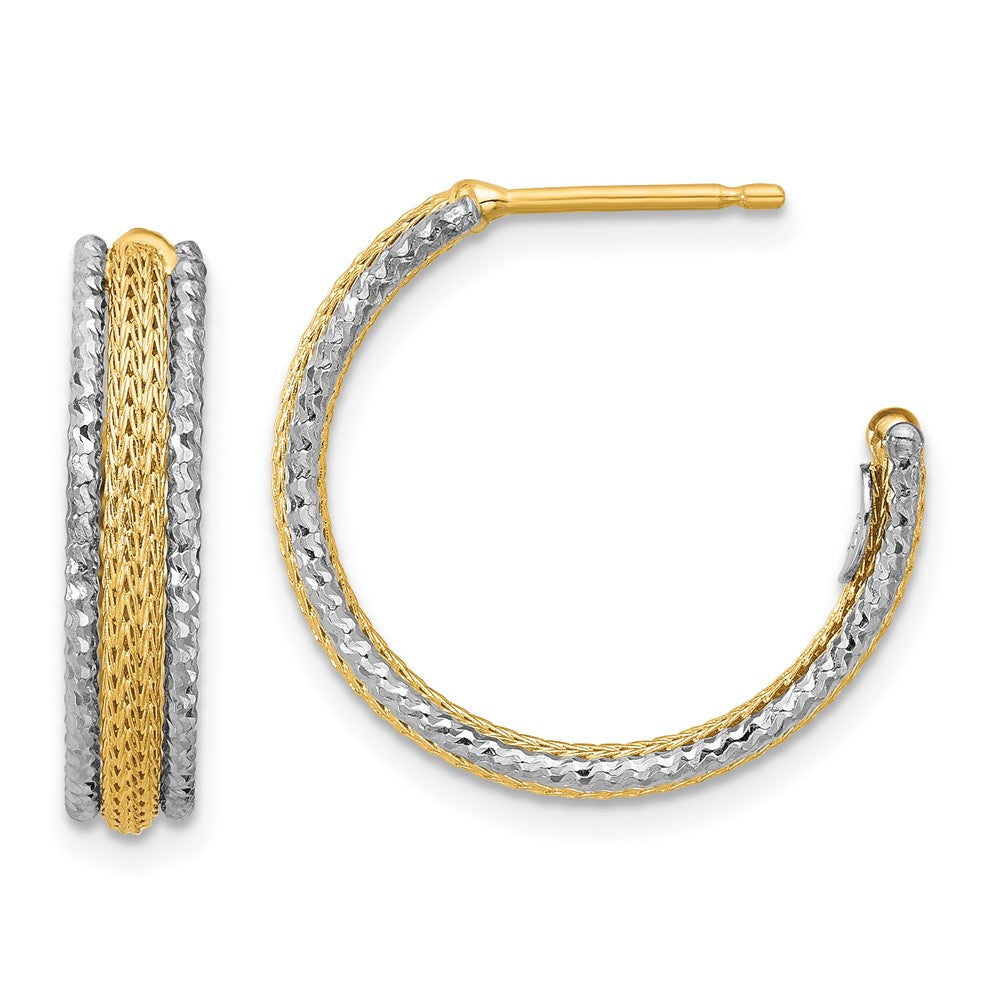14K w/Rhodium Polished/Textured/Dia-cut J-Hoop Earrings