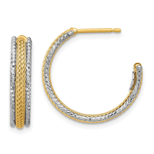 14K w/Rhodium Polished/Textured/Dia-cut J-Hoop Earrings