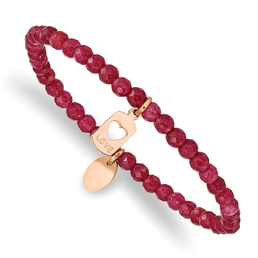 Stainless Steel Polished Rose IP-plated LOVE Red Jade Stretch Bracelet 6.25 inches