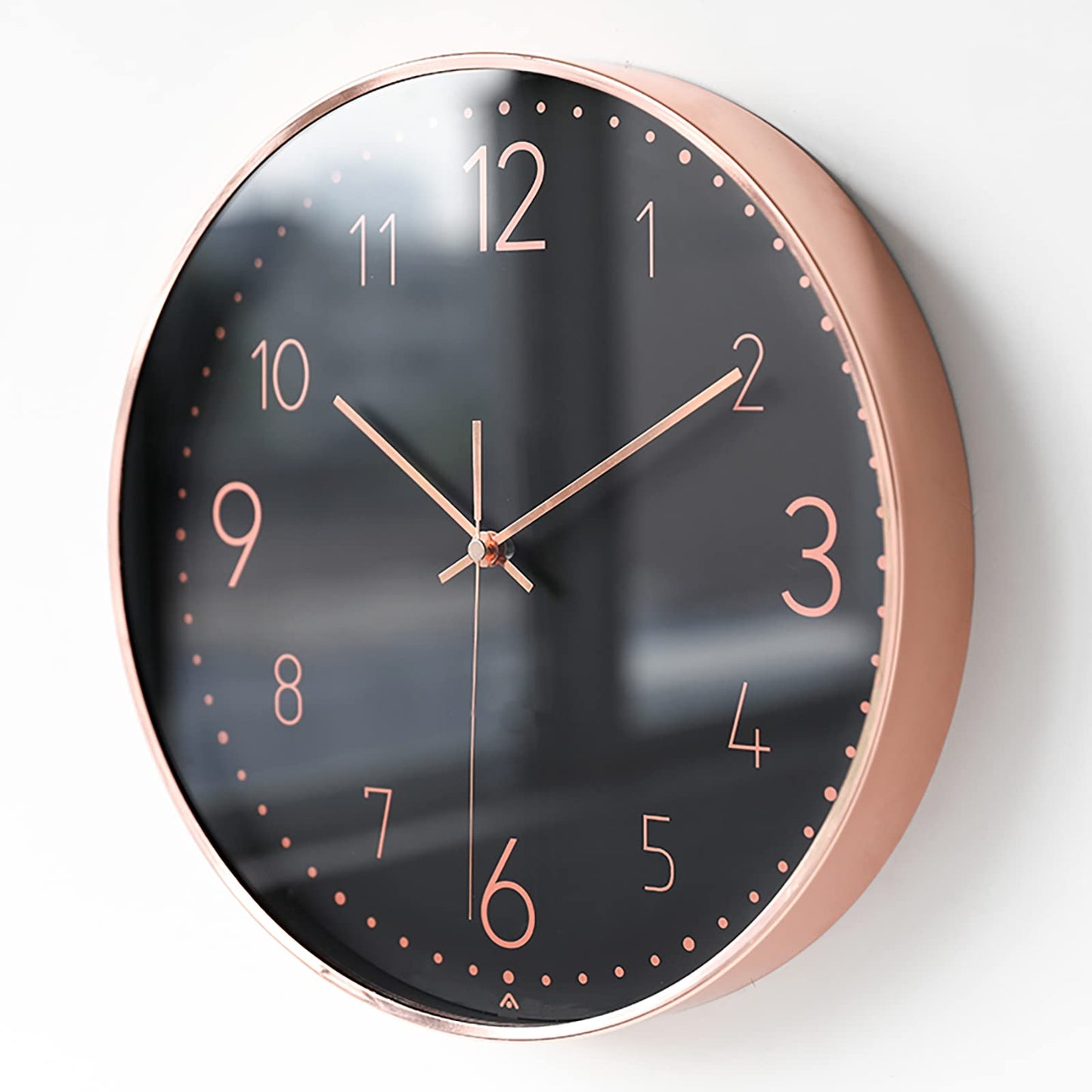 Modern Minimalist Rose Gold on Black Silent Wall Clock With Glass Top (Numerical Dial)