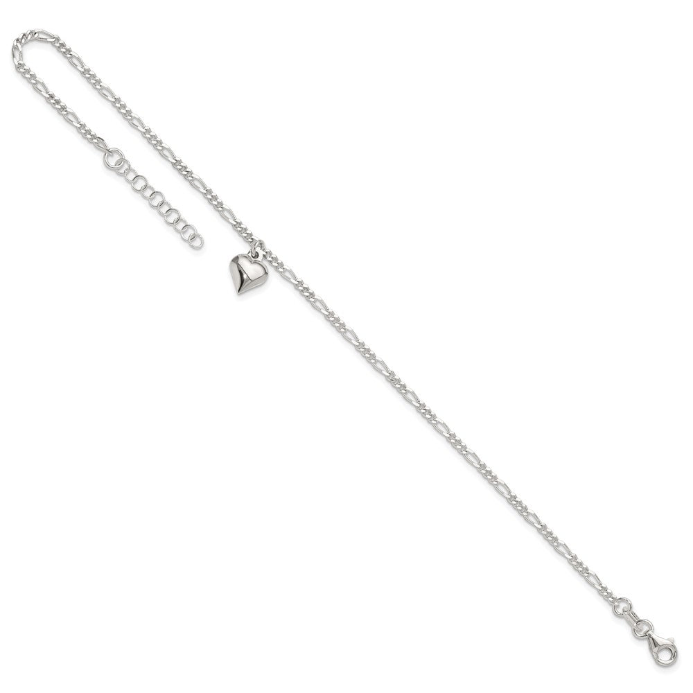 Sterling Silver Polished Heart 9 in Plus 1in ext. Anklet 9 inches