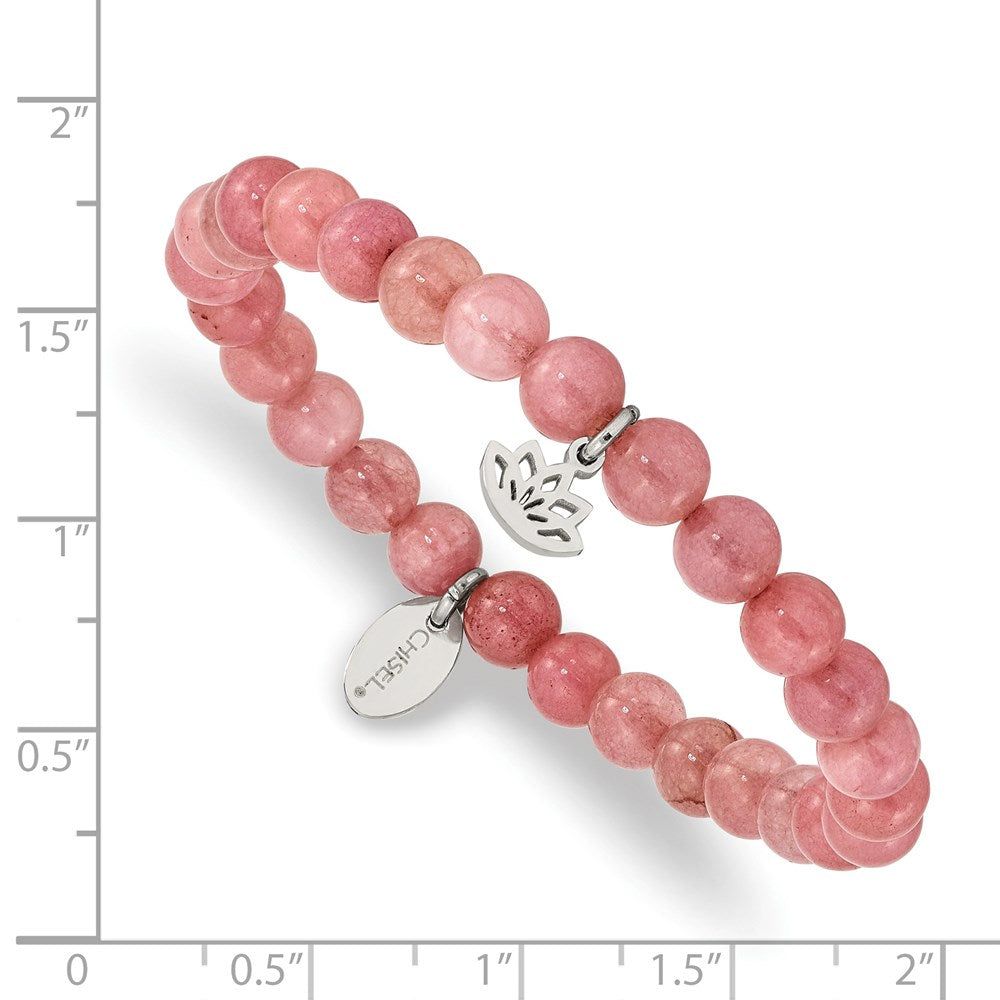 Stainless Steel Polished Lotus Pink Jade Beaded Stretch Bracelet 6 inches