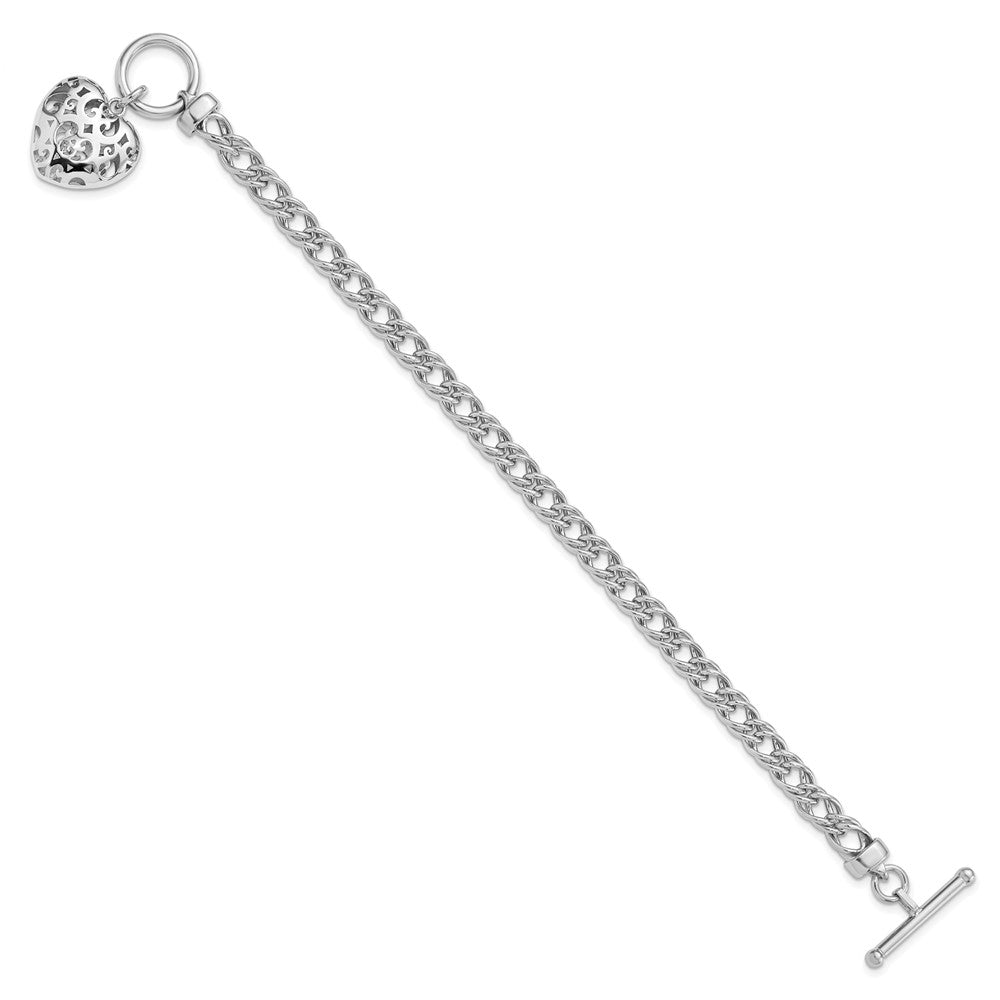 Sterling Silver Rh-plated Polished with Heart Charm Bracelet 7.5  inches