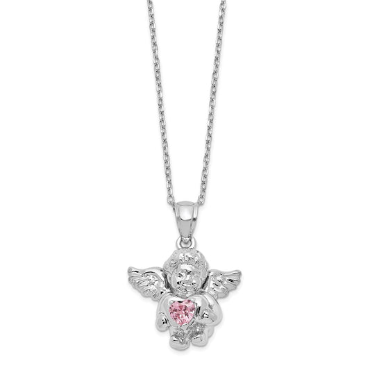 Sterling Silver RH-pltd CZ Oct Birthstone Angel Ash Holder 18in Necklace 18 Inches