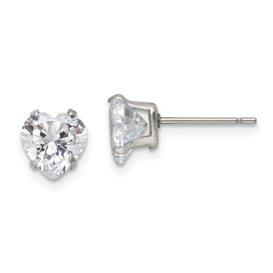 Stainless Steel Polished 7mm Heart CZ Stud Post Earrings