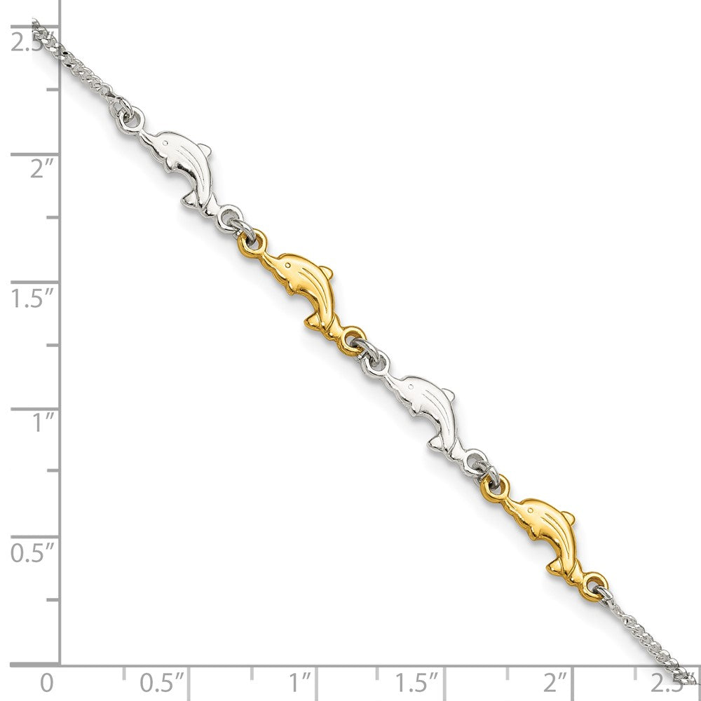 Sterling Silver with Gold-tone Polished Dolphins 9 inch with 1 inch Extension Anklet
