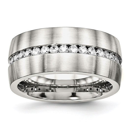 Stainless Steel Brushed and Polished w/CZ 10mm Band Size - 9