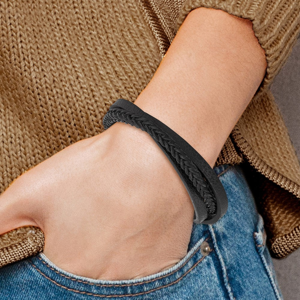 Stainless Steel Polished Black Leather Multi-Strand 8.25in Bracelet 8.25 inches