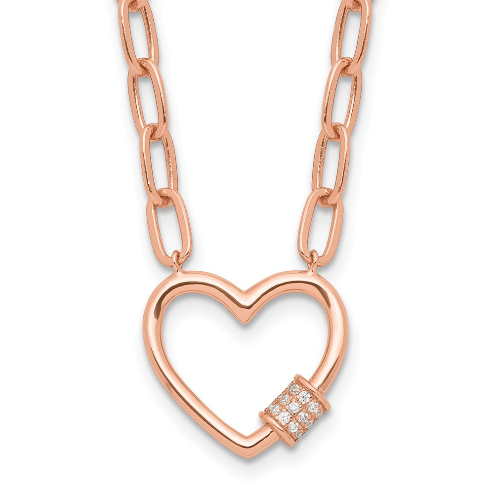 Sterling Silver Rose-tone CZ Heart Paper Clip with 2in ext. Necklace 15.5 Inches