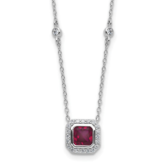 Cheryl M Sterling Silver Rhodium-plated Polished Fancy Lab Created Ruby and CZ Station Necklace 18 Inches