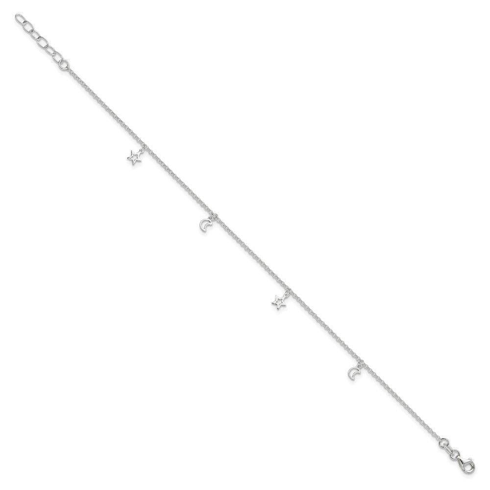 Sterling Silver Moon and Stars 9in Plus 1in Ext. Anklet 9 inches