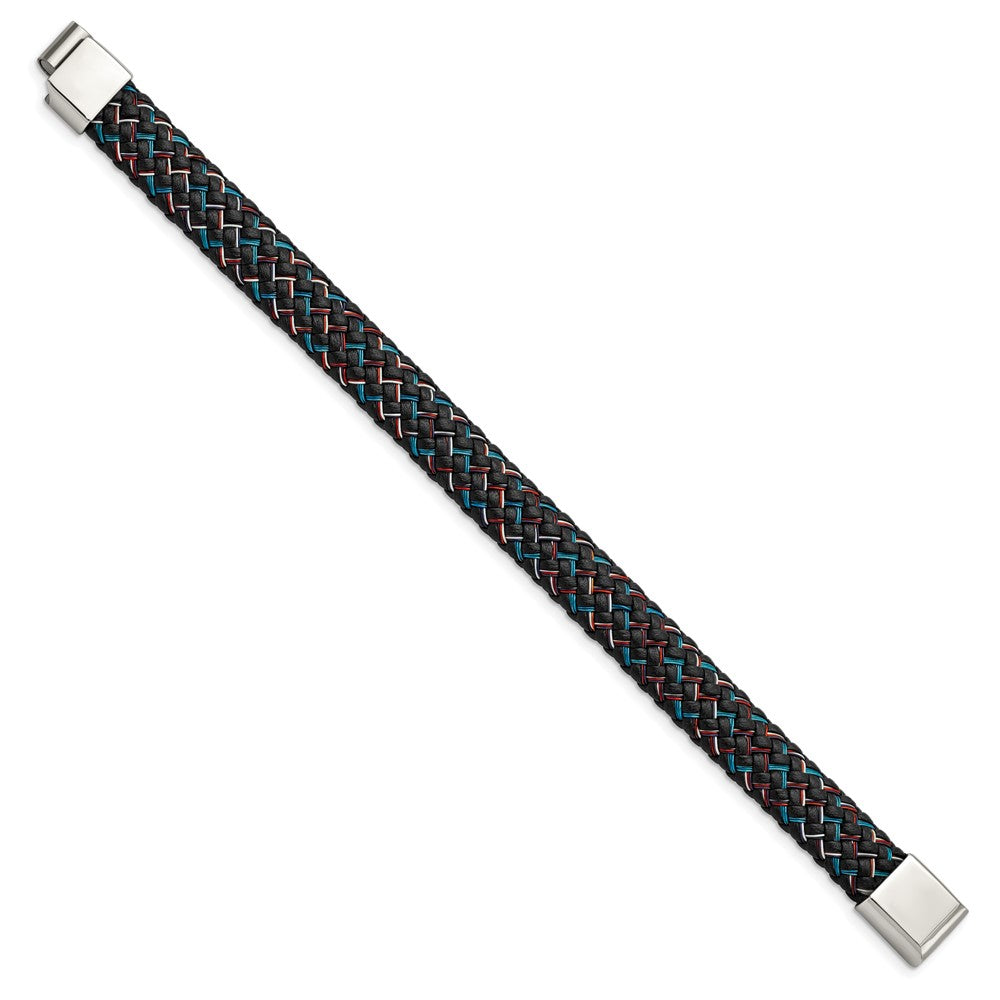 Stainless Steel Polished Black Leather w/Multi-color Wire 8.25in Bracelet 8.25 inches
