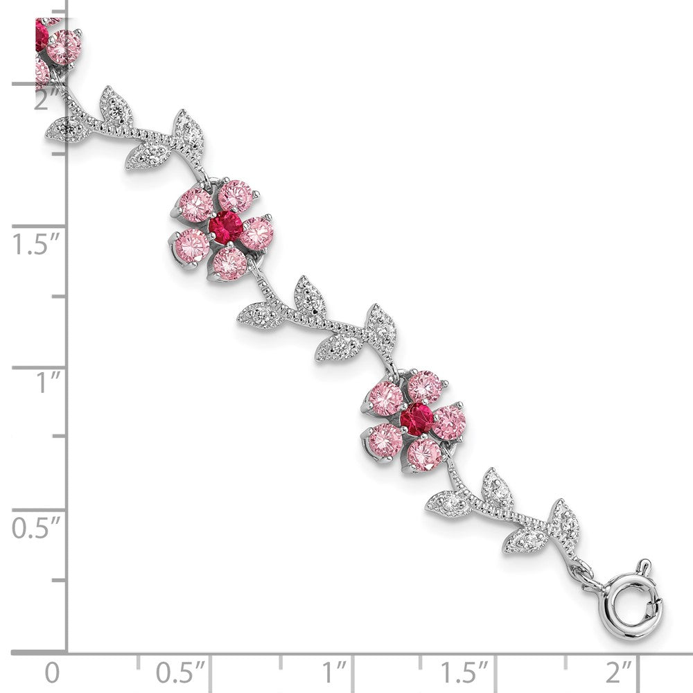 Sterling Silver Rhod-plated 7.75in Pink and Clear CZ Flower Bracelet 7.75 inches