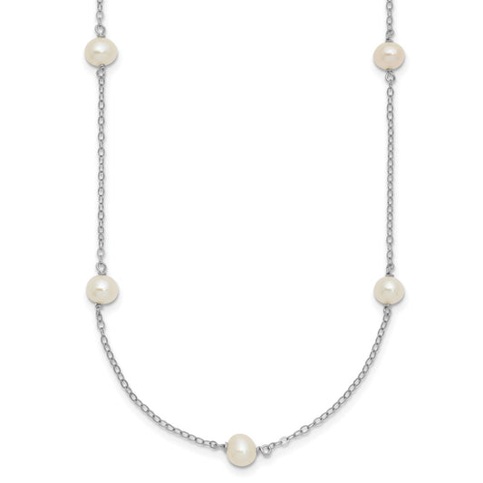 Sterling Silver Rhodium-plated 5-6mm White Near-Round Freshwater Cultured Pearl 9-Station 18 inch Necklace 18 Inches