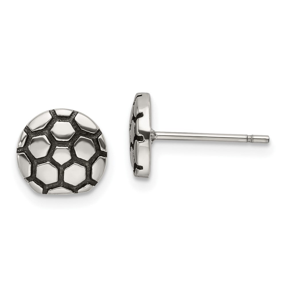 Stainless Steel Antiqued and Polished Soccer Ball Post Earrings