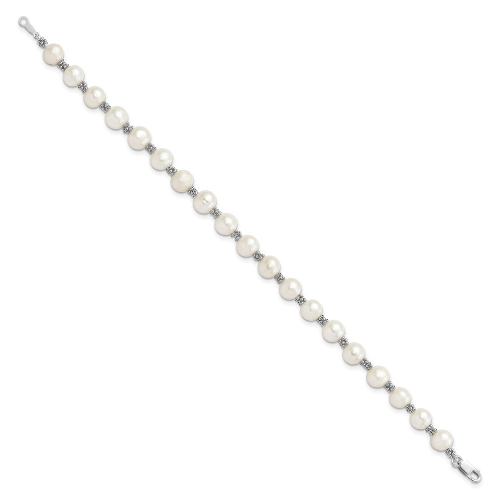 Sterling Silver Rhodium-plated 6-7mm White Round Freshwater Cultured Pearl 7.25 inch Bracelet 7.25 inches