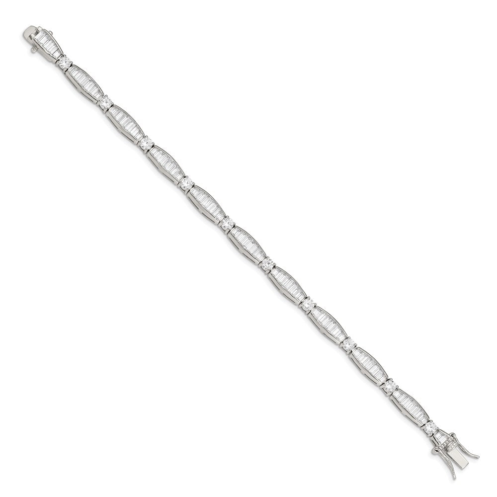 Sterling Silver Rhodium-plated Baguette and Round CZ Bracelet 7 inches