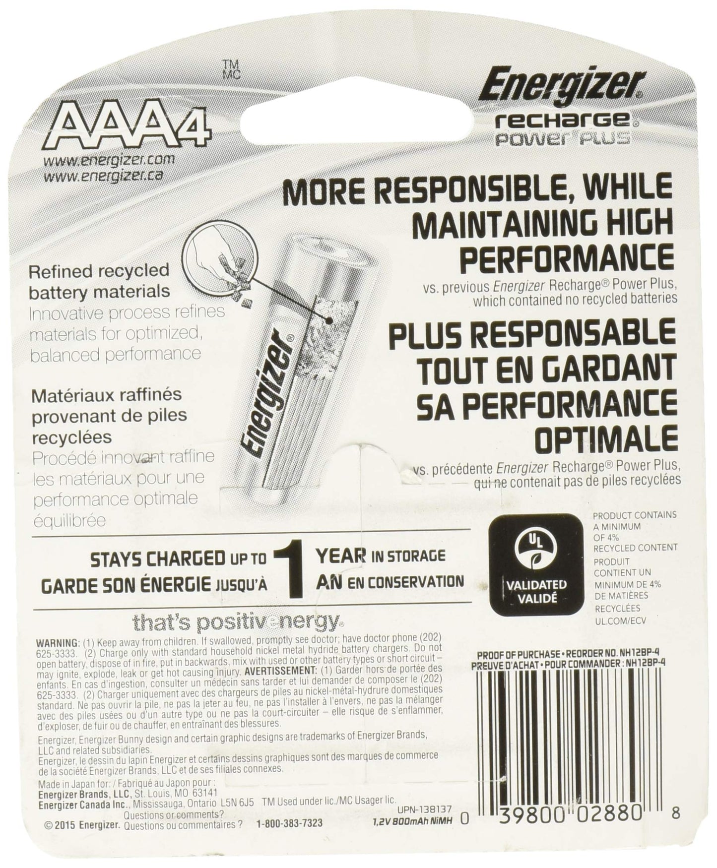 Energizer Rechargeable AAA Batteries (4 Pack) 800 mAh Triple A Batteries