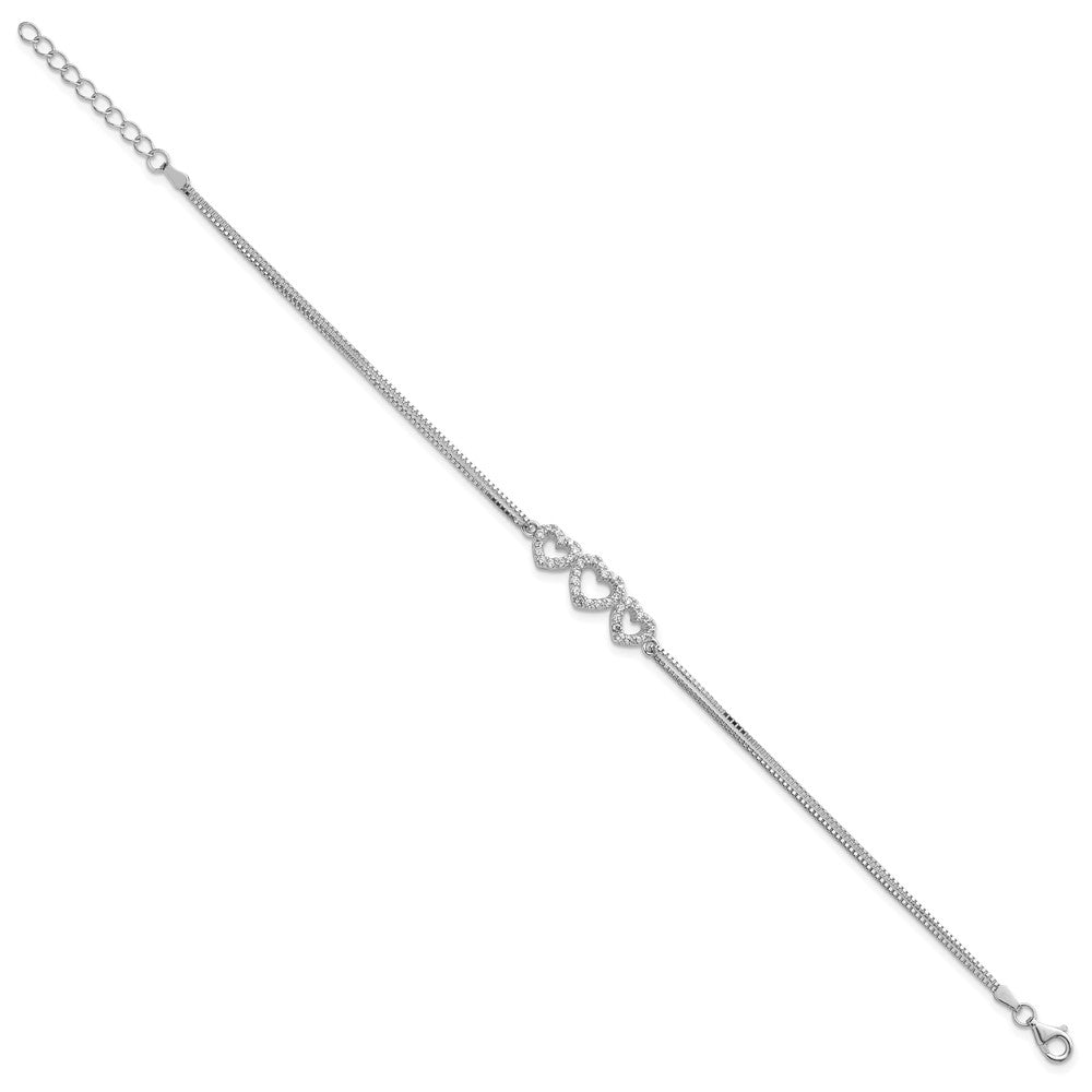 Sterling Silver Rhodium-plated Polished Three Linked CZ Open Hearts 7 inch Bracelet with 1 inch extension 7 inches