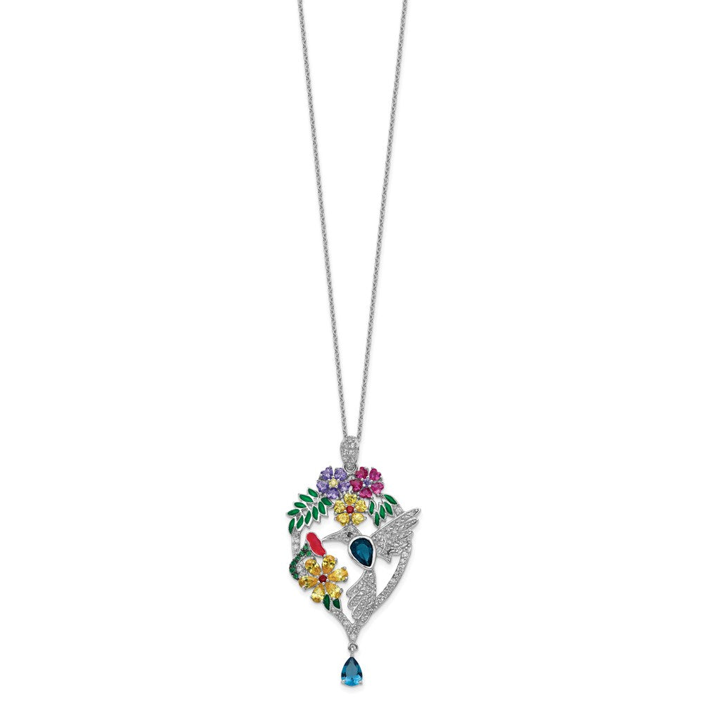 Cheryl M Sterling Silver Rhodium-plated Enameled Multicolor Brilliant-cut Glass and CZ Floral Hummingbird 18 Inch Necklace 18 Inches