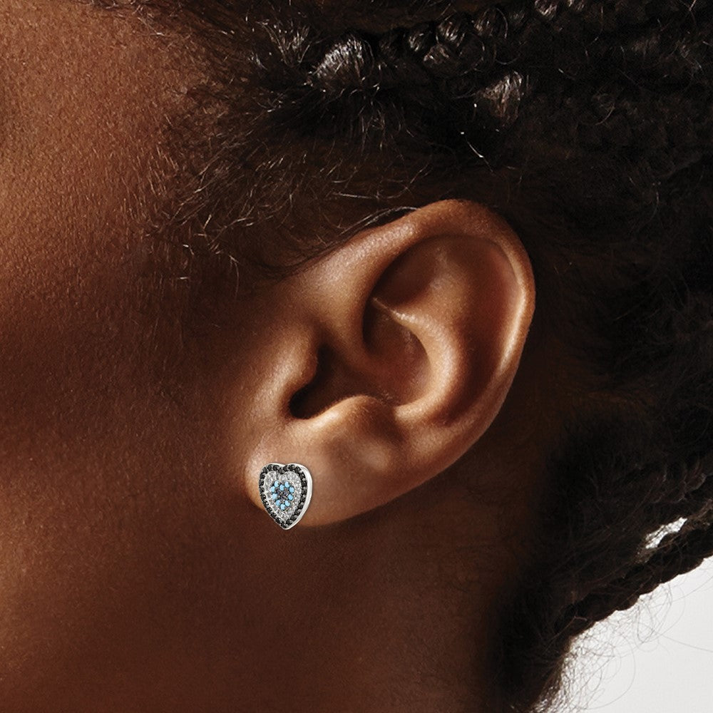 Sterling Silver Black, White & Blue CZ Heart Post Earrings