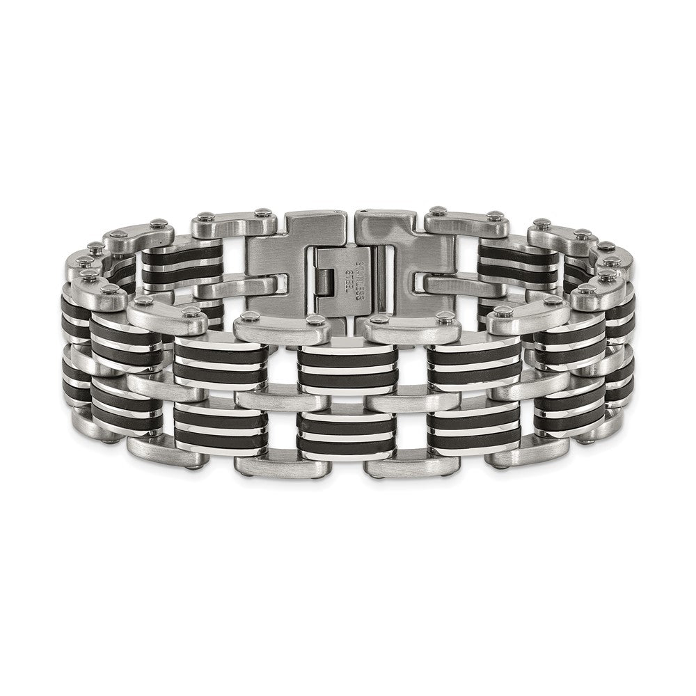 Stainless Steel Brushed and Polished Rubber 8.25in Bracelet 8.25 inches