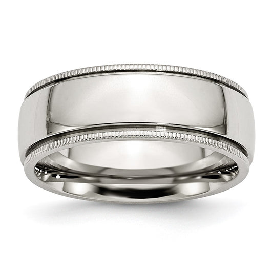 Stainless Steel Polished 8mm Grooved and Beaded Band Size - 10.5