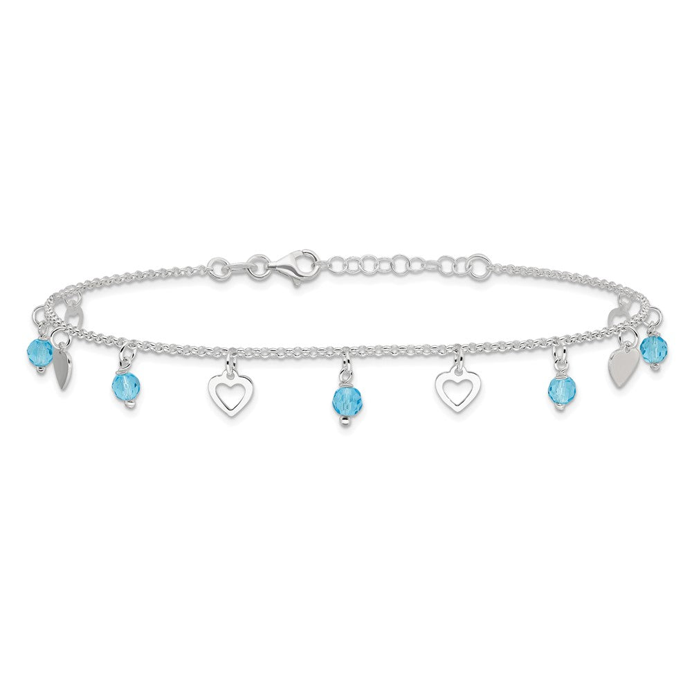 Sterling Silver 9 inch Heart and Blue Glass Plus1in ext. Anklet 9 inches