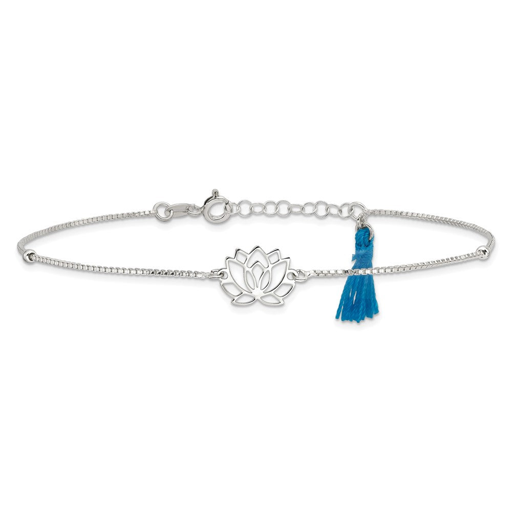 Sterling Silver Lotus with Blue Fabric Tassel 9in Plus 1in ext. Anklet 9 inches