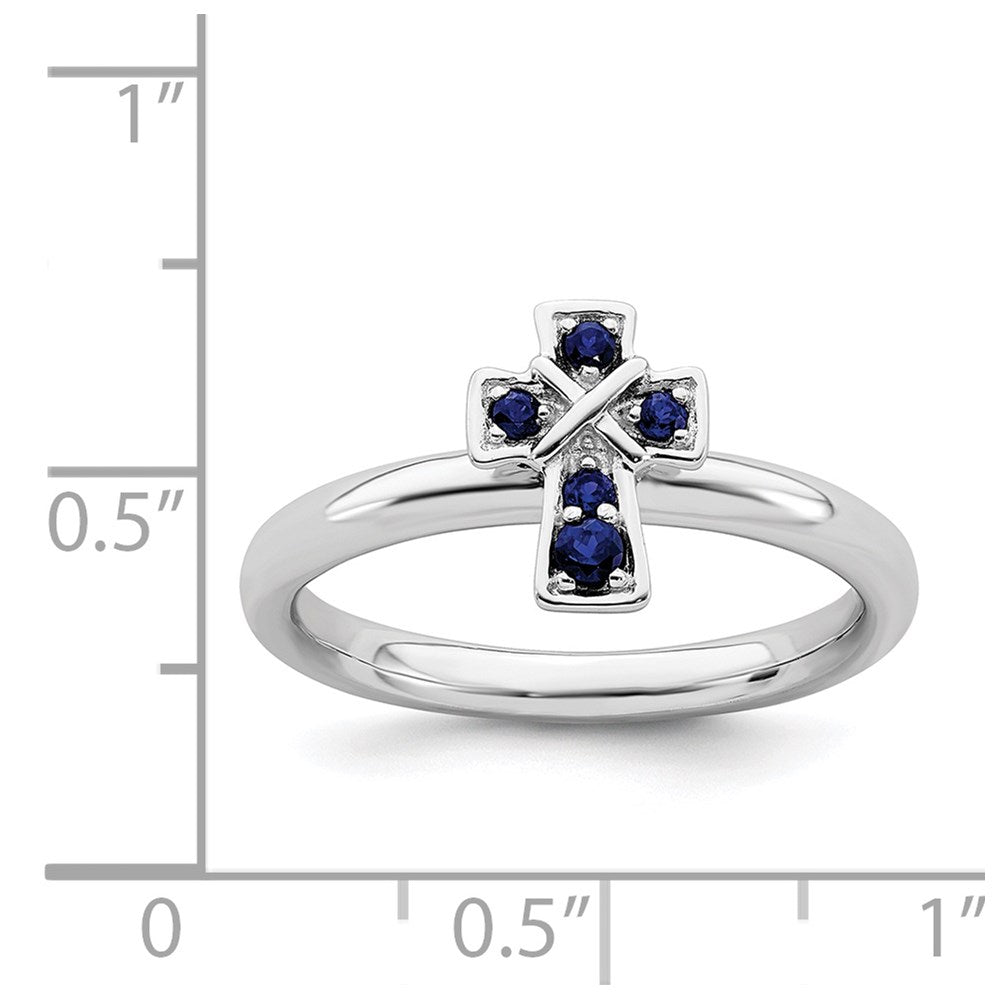 Sterling Silver Stackable Expressions Rhodium Created Sapphire Cross Ring Size -9