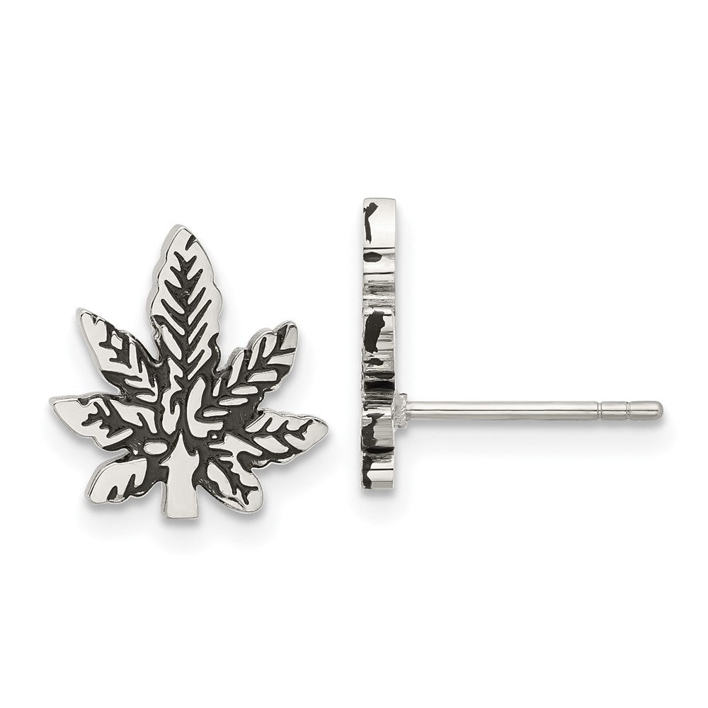 Chisel Stainless Steel Polished and Antiqued Leaf Post Earring