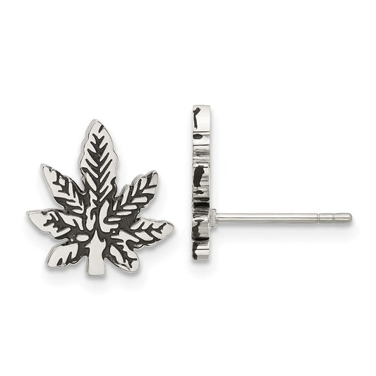 Chisel Stainless Steel Polished and Antiqued Leaf Post Earring