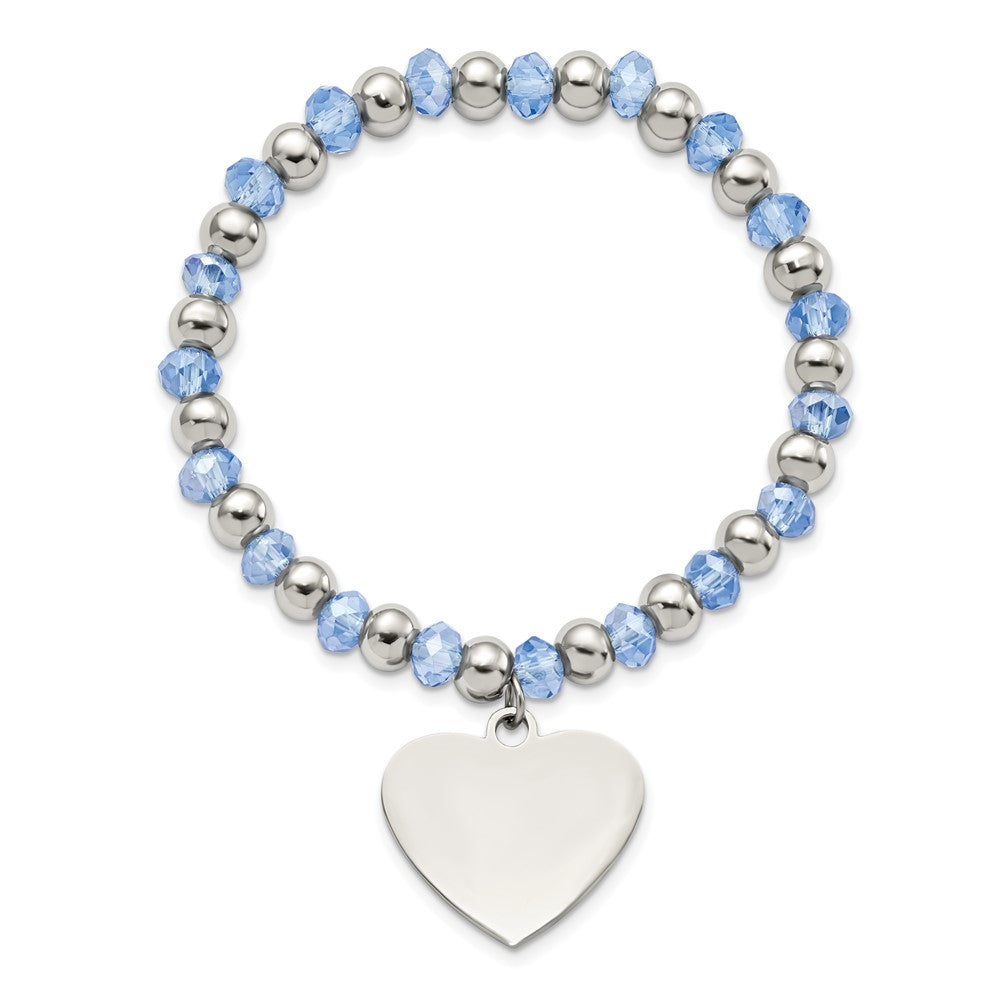 Stainless Steel Polished w/Blue Glass Beads Heart Dangle Stretch Bracelet