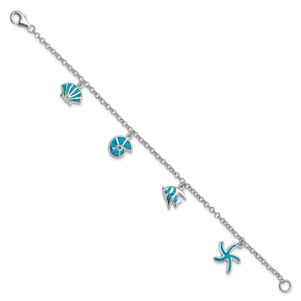 Sterling Silver Rhodium Created Opal Fish and Shells Charm 7.25 inch Bracelet 7.25 inches