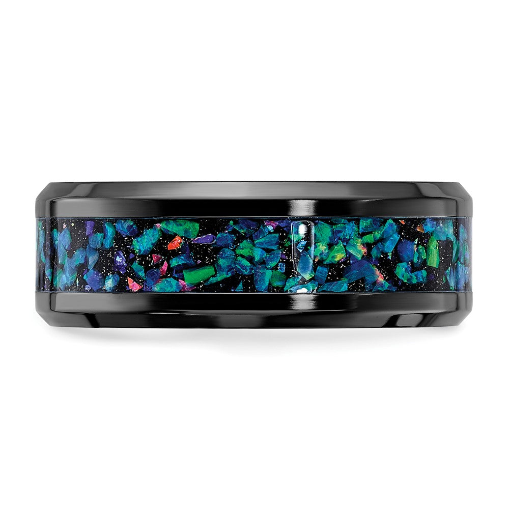 Black Zirconium Polished with Imitation Opal Inlay 8mm Band Size - 10.5