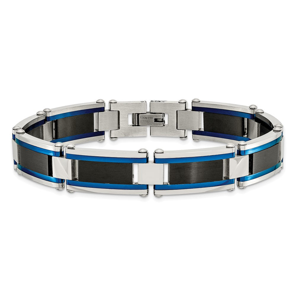 Stainless Steel Brushed and Polished Black & Blue IP-plated 8.75in Bracelet 8.75 inches