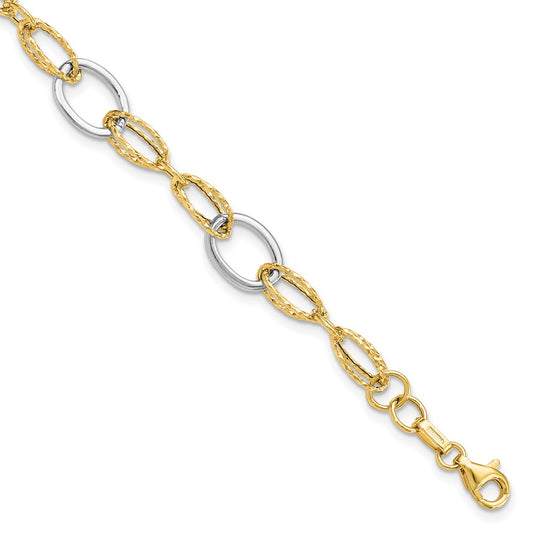 14K Two-tone Polished and Textured Fancy Link Bracelet 7.5  inches