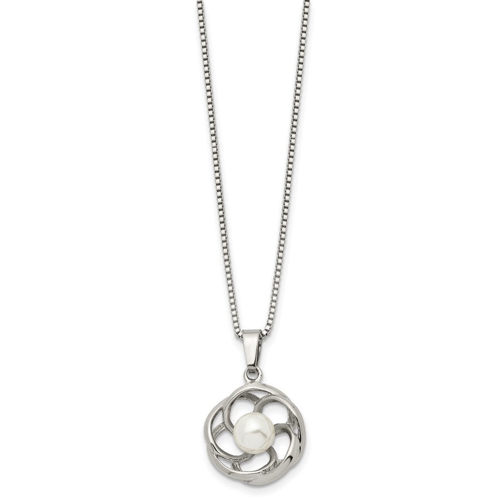 Stainless Steel Polished w/Freshwater Cultured Pearl 18in Necklace