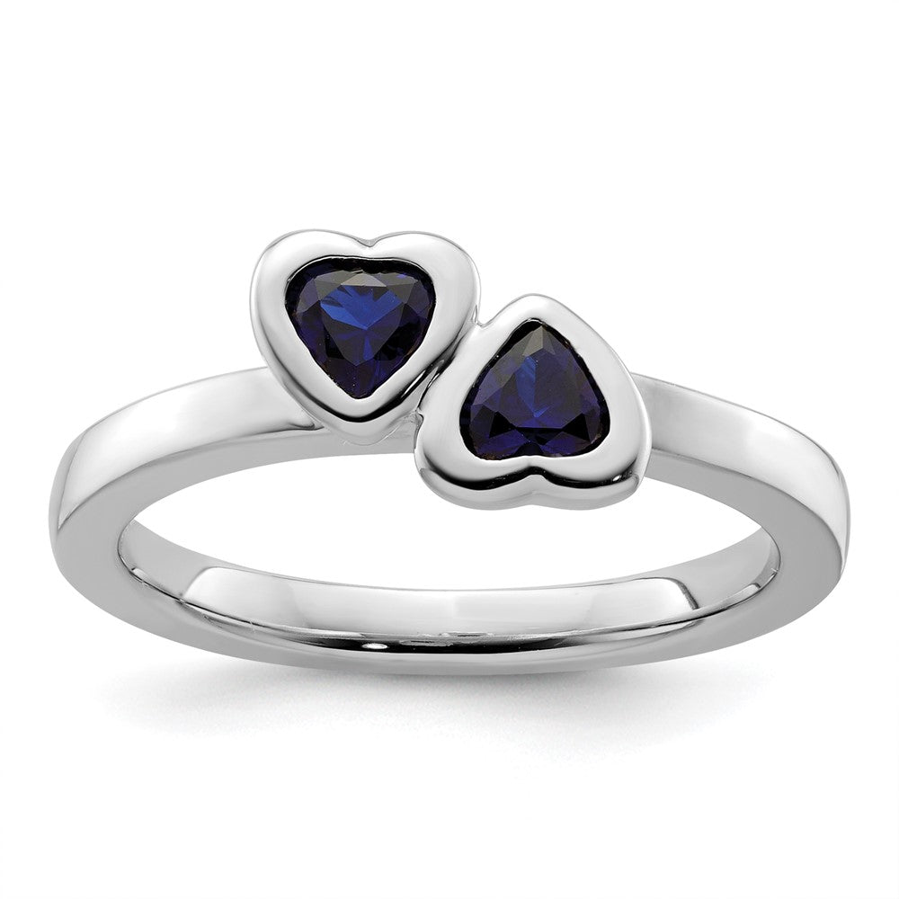Sterling Silver Stackable Expressions Cr. Sapphire Double Heart Ring Size -5